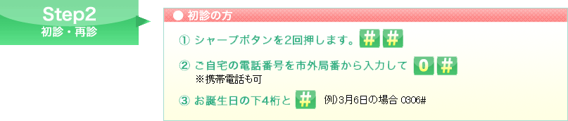Step1 プッシュボタンの確認 コメ印ボタンを2回押します。これ以降のボタン操作のあとは、必ず最後にシャープを押してください。